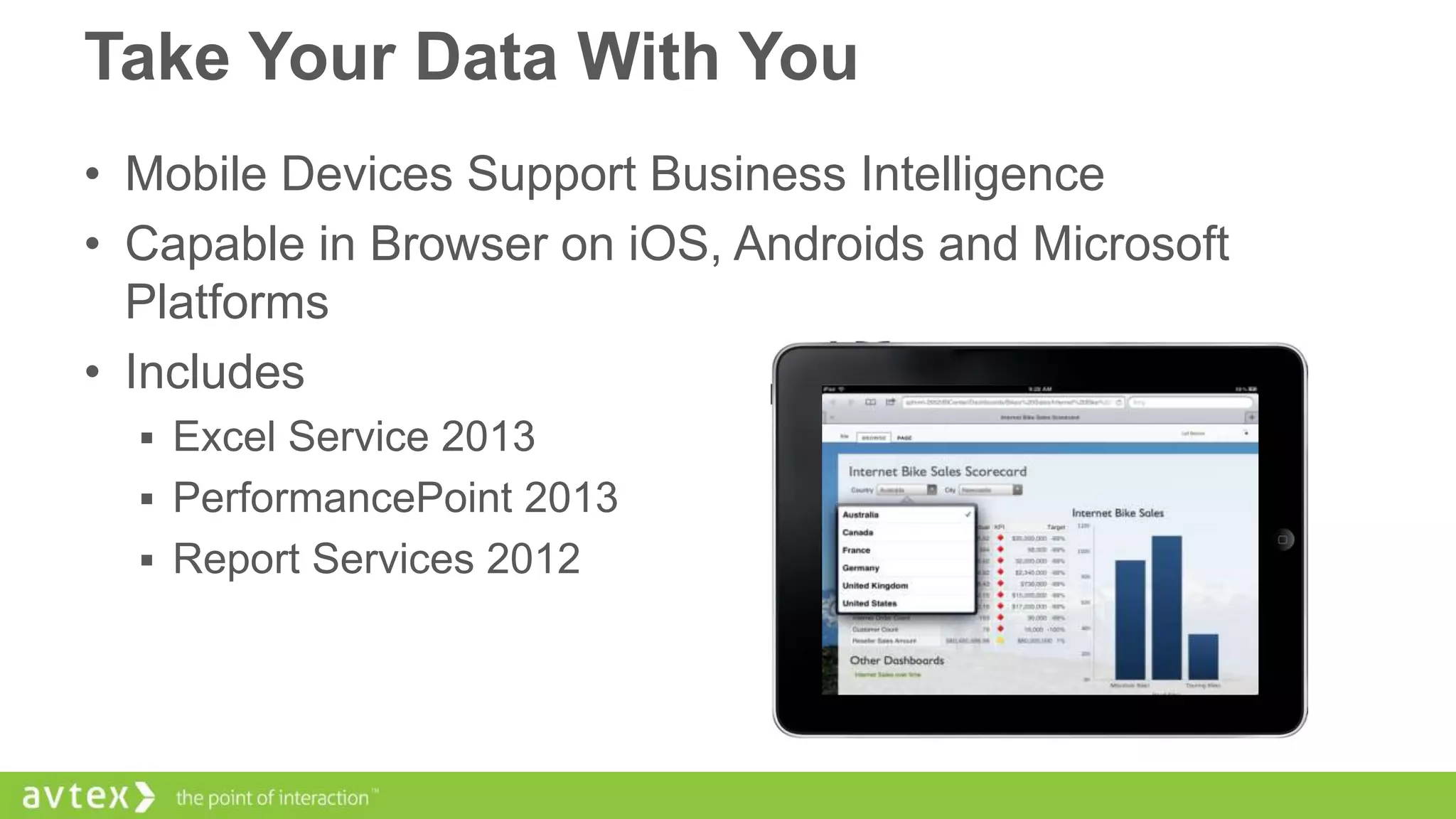 Take Your Data With You
• Mobile Devices Support Business Intelligence
• Capable in Browser on iOS, Androids and Microsoft
Platforms
• Includes
 Excel Service 2013
 PerformancePoint 2013
 Report Services 2012

 