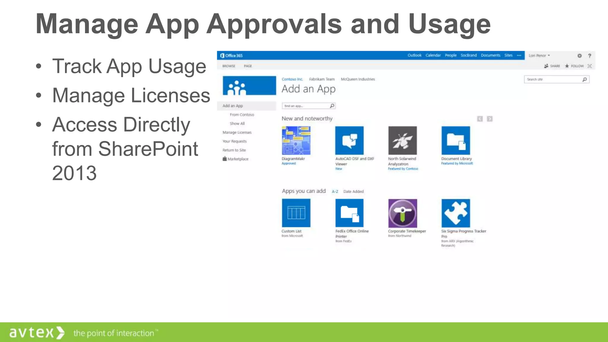 Manage App Approvals and Usage
• Track App Usage
• Manage Licenses
• Access Directly
from SharePoint
2013

 