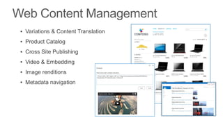 ▪ Variations & Content Translation
▪ Product Catalog
▪ Cross Site Publishing
▪ Video & Embedding
▪ Image renditions
▪ Metadata navigation
 