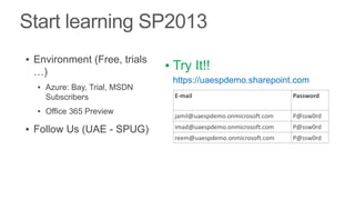 ▪ Environment (Free, trials …)
  ▪ Azure: Bay, Trial, MSDN Subscribers
  ▪ Office 365 Preview

▪ Try It!! https://uaespdemo.sharepoint.com
  E-mail                            Password


  jamil@uaespdemo.onmicrosoft.com   P@ssw0rd
  imad@uaespdemo.onmicrosoft.com    P@ssw0rd
  reem@uaespdemo.onmicrosoft.com    P@ssw0rd
 