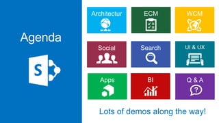 Agenda

         Social    Search      UI & UX




         Apps        BI




         Lots of demos along the way!
 