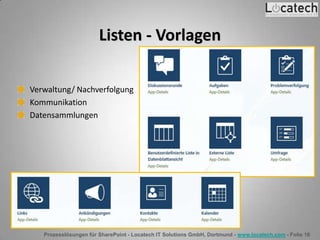 Prozesslösungen für SharePoint - Locatech IT Solutions GmbH, Dortmund - www.locatech.com - Folie 16
Listen - Vorlagen
Verwaltung/ Nachverfolgung
Kommunikation
Datensammlungen
 