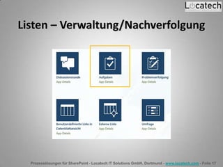 Prozesslösungen für SharePoint - Locatech IT Solutions GmbH, Dortmund - www.locatech.com - Folie 17
Listen – Verwaltung/Nachverfolgung
 
