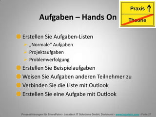 Prozesslösungen für SharePoint - Locatech IT Solutions GmbH, Dortmund - www.locatech.com - Folie 27
Aufgaben – Hands On
Erstellen Sie Aufgaben-Listen
 „Normale“ Aufgaben
 Projektaufgaben
 Problemverfolgung
Erstellen Sie Beispielaufgaben
Weisen Sie Aufgaben anderen Teilnehmer zu
Verbinden Sie die Liste mit Outlook
Erstellen Sie eine Aufgabe mit Outlook
 