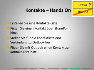 Prozesslösungen für SharePoint - Locatech IT Solutions GmbH, Dortmund - www.locatech.com - Folie 28
Kontakte – Hands On
Erstellen Sie eine Kontakte-Liste
Fügen Sie einen Kontakt über SharePoint
hinzu
Stellen Sie für die Kontaktliste eine
Verbindung zu Outlook her
Fügen Sie mit Outlook einen Kontakt zur
Kontakt-Liste hinzu
 