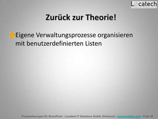 Prozesslösungen für SharePoint - Locatech IT Solutions GmbH, Dortmund - www.locatech.com - Folie 30
Zurück zur Theorie!
Eigene Verwaltungsprozesse organisieren
mit benutzerdefinierten Listen
 