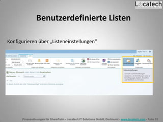 Prozesslösungen für SharePoint - Locatech IT Solutions GmbH, Dortmund - www.locatech.com - Folie 33
Benutzerdefinierte Listen
Konfigurieren über „Listeneinstellungen“
 