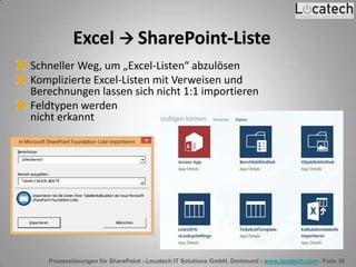 Prozesslösungen für SharePoint - Locatech IT Solutions GmbH, Dortmund - www.locatech.com - Folie 36
Excel  SharePoint-Liste
Schneller Weg, um „Excel-Listen“ abzulösen
Komplizierte Excel-Listen mit Verweisen und
Berechnungen lassen sich nicht 1:1 importieren
Feldtypen werden
nicht erkannt
 