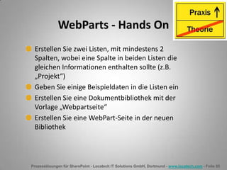 Prozesslösungen für SharePoint - Locatech IT Solutions GmbH, Dortmund - www.locatech.com - Folie 55
WebParts - Hands On
Erstellen Sie zwei Listen, mit mindestens 2
Spalten, wobei eine Spalte in beiden Listen die
gleichen Informationen enthalten sollte (z.B.
„Projekt“)
Geben Sie einige Beispieldaten in die Listen ein
Erstellen Sie eine Dokumentbibliothek mit der
Vorlage „Webpartseite“
Erstellen Sie eine WebPart-Seite in der neuen
Bibliothek
 