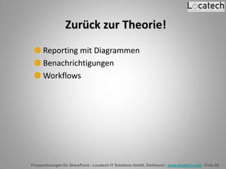 Prozesslösungen für SharePoint - Locatech IT Solutions GmbH, Dortmund - www.locatech.com - Folie 69
Zurück zur Theorie!
Reporting mit Diagrammen
Benachrichtigungen
Workflows
 
