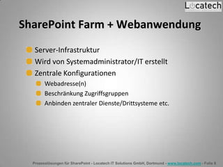 Prozesslösungen für SharePoint - Locatech IT Solutions GmbH, Dortmund - www.locatech.com - Folie 8
SharePoint Farm + Webanwendung
Server-Infrastruktur
Wird von Systemadministrator/IT erstellt
Zentrale Konfigurationen
Webadresse(n)
Beschränkung Zugriffsgruppen
Anbinden zentraler Dienste/Drittsysteme etc.
 