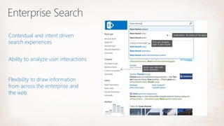 Contextual and intent driven
search experiences
Flexibility to draw information
from across the enterprise and
the web
Ability to analyze user interactions
 