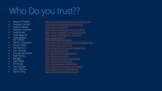 Who Do you trust??
http://www.bluedoglimited.com/default.aspx
http://www.andrewconnell.com/blog
http://www.harbar.net
http://www.heathersolomon.com/blog
http://www.toddklindt.com/default.aspx
http://www.toddbaginski.com/blog
http://bit.ly/edlSm5
http://weblogs.asp.net/jan
http://www.u2u.info/Blogs/Patrick/default.aspx
http://www.wictorwilen.se
http://blog.tedpattison.net/default.aspx
http://www.fastrup.net
http://keutmann.blogspot.com
http://blog.krichie.com
http://blogs.technet.com/b/wbaer
http://blah.winsmarts.com
http://weblogs.asp.net/bsimser
http://msmvps.com/blogs/ivansanders
http://blog.falchionconsulting.com
http://shannonbray.wordpress.com
 