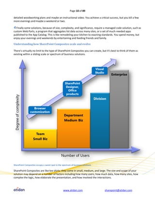 Page 10 of 89

detailed woodworking plans and maybe an instructional video. You achieve a critical success, but you kill a few
more evenings and maybe a weekend or two.

  Finally some solutions, because of size, complexity, and significance, require a managed code solution, such as
custom Web Parts, a program that aggregates list data across many sites, or a set of much-needed apps
published to the App Catalog. This is like remodeling your kitchen to exacting standards. You spend money, but
enjoy your evenings and weekends by entertaining and feeding friends and family.

Understanding how SharePoint Composites scale and evolve

There’s virtually no limit to the type of SharePoint Composites you can create, but it’s best to think of them as
existing within a sliding scale or spectrum of business solutions.




SharePoint Composites occupy a sweet spot in the spectrum of business solutions

SharePoint Composites are like tee shirts: they come in small, medium, and large. The size and scope of your
solution may depend on a number of factors including how many users, how much data, how many sites, how
complex the logic, how elaborate the presentation, and how involved the interactions.



                                                  www.atidan.com                  sharepoint@atidan.com
 