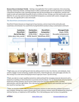 Page 9 of 89

Because they are developer friendly Starting a new application from scratch is expensive, time-consuming,
and risky. Enhancing a familiar, working solution is often a preferred path. From the perspective of a developer,
a SharePoint Composite is like a working prototype that lays the foundation for an application, and that now
needs to scale up to potentially thousands of users or millions of rows. Perhaps, you only need to add a custom
Web Part. Or, you may need to revise the SharePoint Composite as a solution with custom, managed code.
Either way, the upgrade path is clear and smooth.

The SharePoint customization continuum

SharePoint Products become an integral part of your business, and are meant to be continually used,
customized, and enhanced. You could think of using SharePoint products along a customization continuum.




   Right away, you can start getting work done by adding content to sites, lists, libraries, and notebooks, share
content, engage in social computing, coauthor documents, meet through Lync, and create pages and sites. It’s
like moving in to a new home and buying furniture to get your house “up and running”.

  Next, you take on a major capability (sometimes called workload) like managing corporate documents with a
taxonomy or building an Internet Business to promote and sell products. You can declaratively and prescriptively
build many of these solutions, but of course it takes some time and often requires a team, including
administrators, with the right skillset. This is like buying furniture that requires some assembly; you save money,
but may kill an evening or two.

  Now, you decide to tackle a few SharePoint Composite solutions to solve some key problems and issues in
your company. Perhaps you create an Access app to track customer contacts, build a BI dashboard by using Excel
and Excel Services, or implement an RFP workflow. This is like building your own furniture, but guided by


                                            www.atidan.com                        sharepoint@atidan.com
 