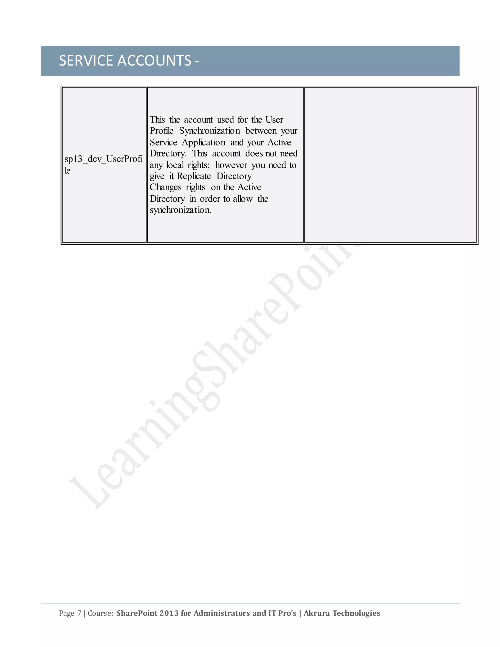 SERVICE ACCOUNTS -
Page 7 | Course: SharePoint 2013 for Administrators and IT Pro's | Akrura Technologies
sp13_dev_UserProfi
le
This the account used for the User
Profile Synchronization between your
Service Application and your Active
Directory. This account does not need
any local rights; however you need to
give it Replicate Directory
Changes rights on the Active
Directory in order to allow the
synchronization.
 