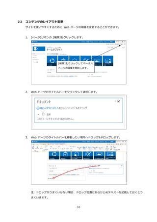 10
2.2 コンテンツのレイアウト変更
サイトを使いやすくするために Web パーツの順番を変更することができます。
1. [ページ]リボンの [編集]をクリックします。
2. Web パーツのタイトルバーをクリックして選択します。
3. Web パーツのタイトルバーを移動したい場所へドラッグ&ドロップします。
注: ドロップがうまくいかない場合、ドロップ位置にあらかじめテキストを記載しておくとう
まくいきます。
[編集]をクリックしてポータル
ページの編集を開始します。
 