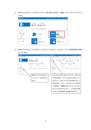 17
5. 作成したカスタム リストがコンテンツ一覧に表示されます。[新着！]というアイコンがついて
います。
6. 作成したカスタム リストのアイコンをクリックすると、カスタム リストが利用可能な状態に
なっています。
[アイテム]リボンをクリックして、リボンの
中にある[新しいアイテム]ボタンをクリック
することで、新しいアイテムを作成すること
ができます。しかし、カスタムリストを作成
した場合は、初期値ではタイトルしか入力す
ることができませんので、この後の手順
4.1/4.2 で列を追加する必要があります。
作成したリストがサイド
リンク バーに表示され
ます。
 
