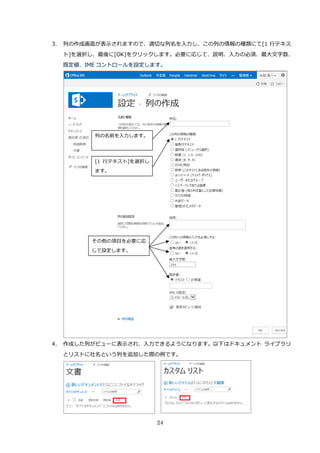 24
3. 列の作成画面が表示されますので、適切な列名を入力し、この列の情報の種類にて[1 行テキス
ト]を選択し、最後に[OK]をクリックします。必要に応じて、説明、入力の必須、最大文字数、
既定値、IME コントロールを設定します。
4. 作成した列がビューに表示され、入力できるようになります。以下はドキュメント ライブラリ
とリストに社名という列を追加した際の例です。
列の名前を入力します。
[1 行テキスト]を選択し
ます。
その他の項目を必要に応
じて設定します。
 