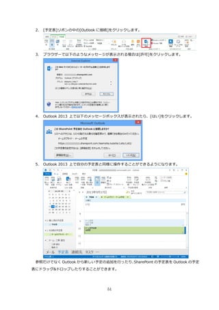 51
2. [予定表]リボンの中の[Outlook に接続]をクリックします。
3. ブラウザーで以下のようなメッセージが表示される場合は[許可]をクリックします。
4. Outlook 2013 上で以下のメッセージボックスが表示されたら、[はい]をクリックします。
5. Outlook 2013 上で自分の予定表と同様に操作することができるようになります。
参照だけでなく Outlook から新しい予定の追加を行ったり、SharePoint の予定表を Outlook の予定
表にドラッグ&ドロップしたりすることができます。
 