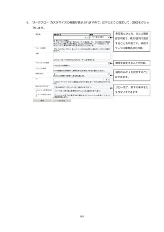 64
6. ワークフロー カスタマイズの画面が表示されますので、以下のように設定して、[OK]をクリッ
クします。
承認者はひとり、または複数
設定可能で、順次/並列で指定
することも可能です。承認ス
テージは複数追加も可能。
期限を設定することが可能。
通知のみの人を設定すること
ができます。
フロー完了、却下の条件をカ
スタマイズできます。
 