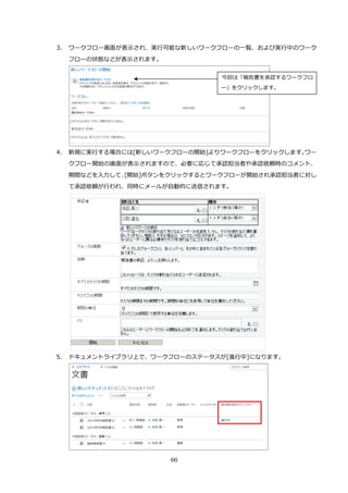66
3. ワークフロー画面が表示され、実行可能な新しいワークフローの一覧、および実行中のワーク
フローの状態などが表示されます。
4. 新規に実行する場合には[新しいワークフローの開始]よりワークフローをクリックします。ワー
クフロー開始の画面が表示されますので、必要に応じて承認担当者や承認依頼時のコメント、
期間などを入力して、[開始]ボタンをクリックするとワークフローが開始され承認担当者に対し
て承認依頼が行われ、同時にメールが自動的に送信されます。
5. ドキュメントライブラリ上で、ワークフローのステータスが[進行中]になります。
今回は「報告書を承認するワークフロ
ー」をクリックします。
 