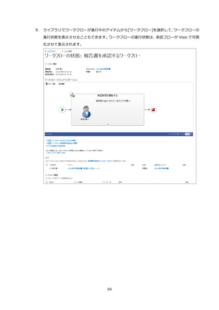 68
9. ライブラリでワークフローが進行中のアイテムから[ワークフロー]を選択して、ワークフローの
進行状態を表示させることもできます。ワークフローの進行状態は、承認フローが Visio で可視
化させて表示されます。
 