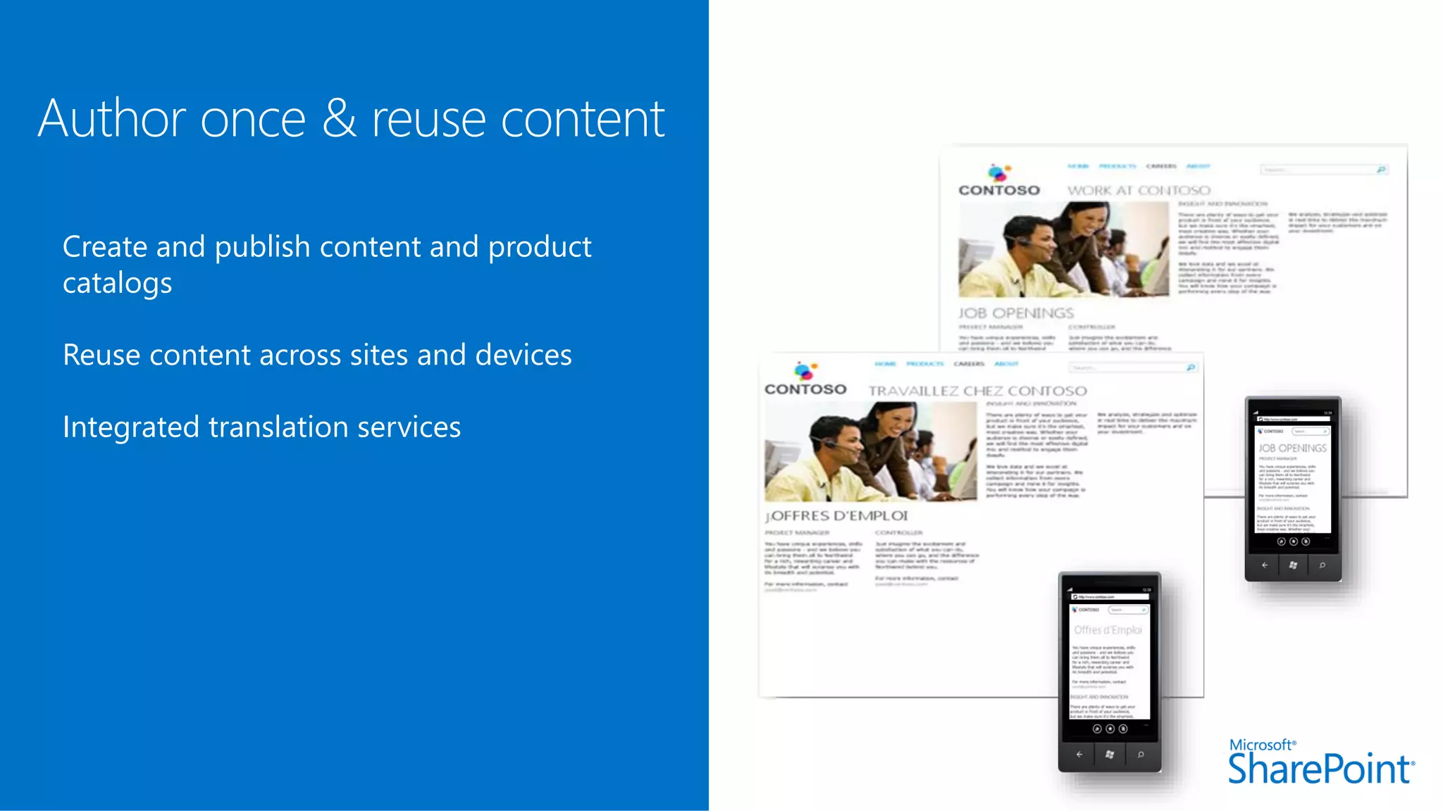 Create and publish content and product
catalogs
Reuse content across sites and devices
Integrated translation services