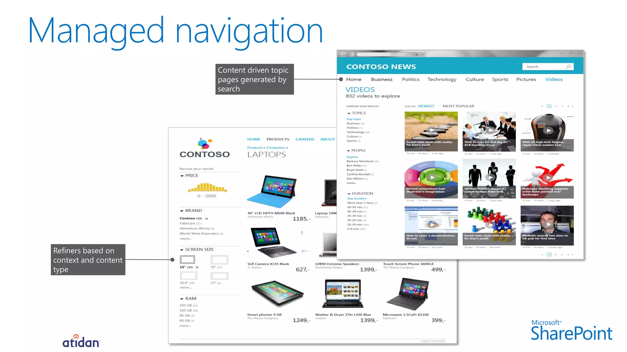 Refiners based on
context and content
type
Content driven topic
pages generated by
search