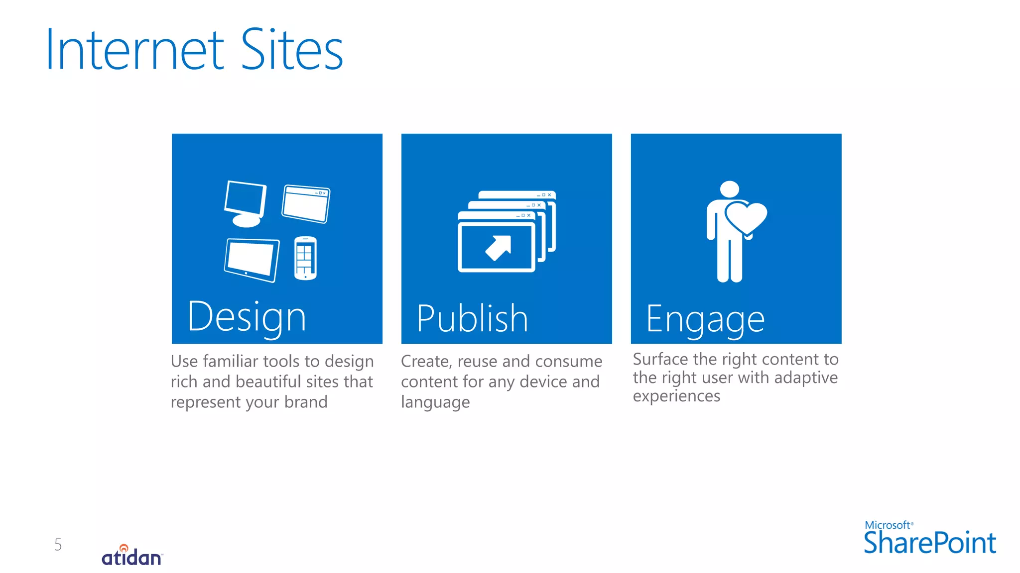 Use familiar tools to design
rich and beautiful sites that
represent your brand
Create, reuse and consume
content for any device and
language