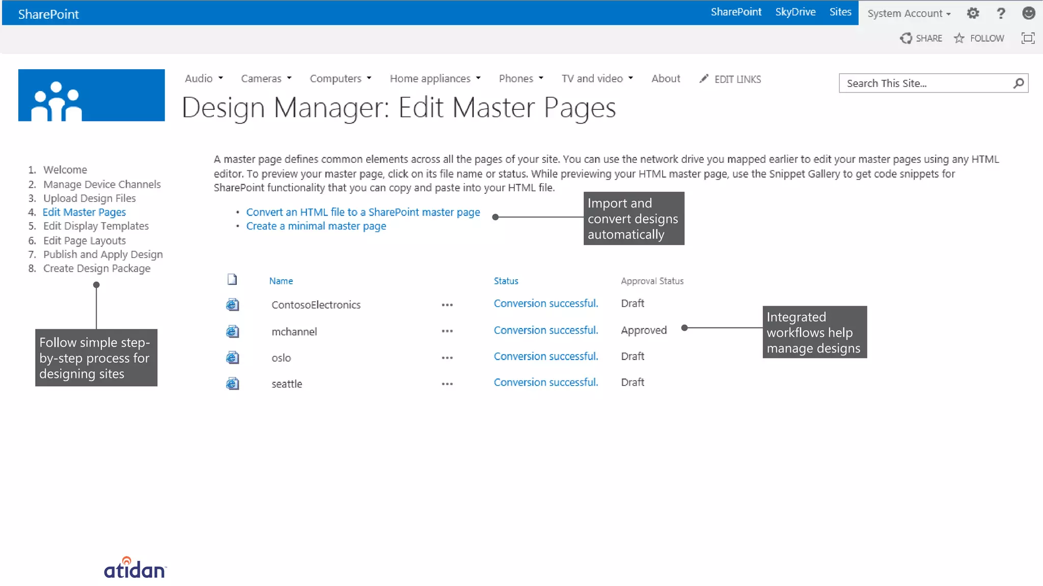 Follow simple step-
by-step process for
designing sites
Import and
convert designs
automatically
Integrated
workflows help
manage designs