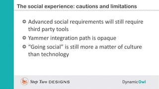 Slide Title
The social experience: cautions and limitations

    Advanced social requirements will still require
    third...