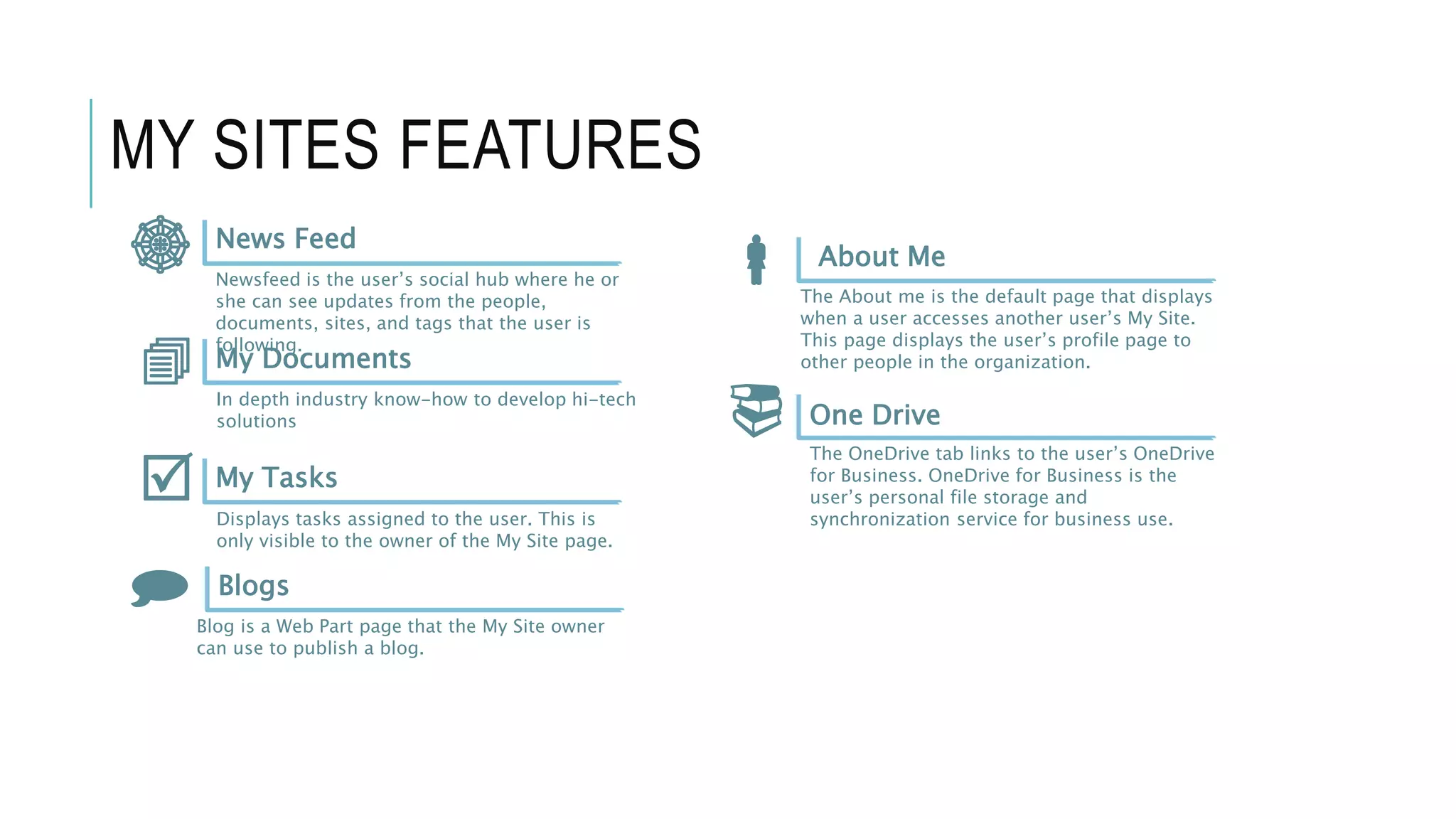 MY SITES FEATURES
News Feed
My Documents
My Tasks
About Me
One Drive
Blogs
Newsfeed is the user’s social hub where he or
she can see updates from the people,
documents, sites, and tags that the user is
following.
In depth industry know-how to develop hi-tech
solutions
Displays tasks assigned to the user. This is
only visible to the owner of the My Site page.
The About me is the default page that displays
when a user accesses another user’s My Site.
This page displays the user’s profile page to
other people in the organization.
The OneDrive tab links to the user’s OneDrive
for Business. OneDrive for Business is the
user’s personal file storage and
synchronization service for business use.
Blog is a Web Part page that the My Site owner
can use to publish a blog.
☸





 