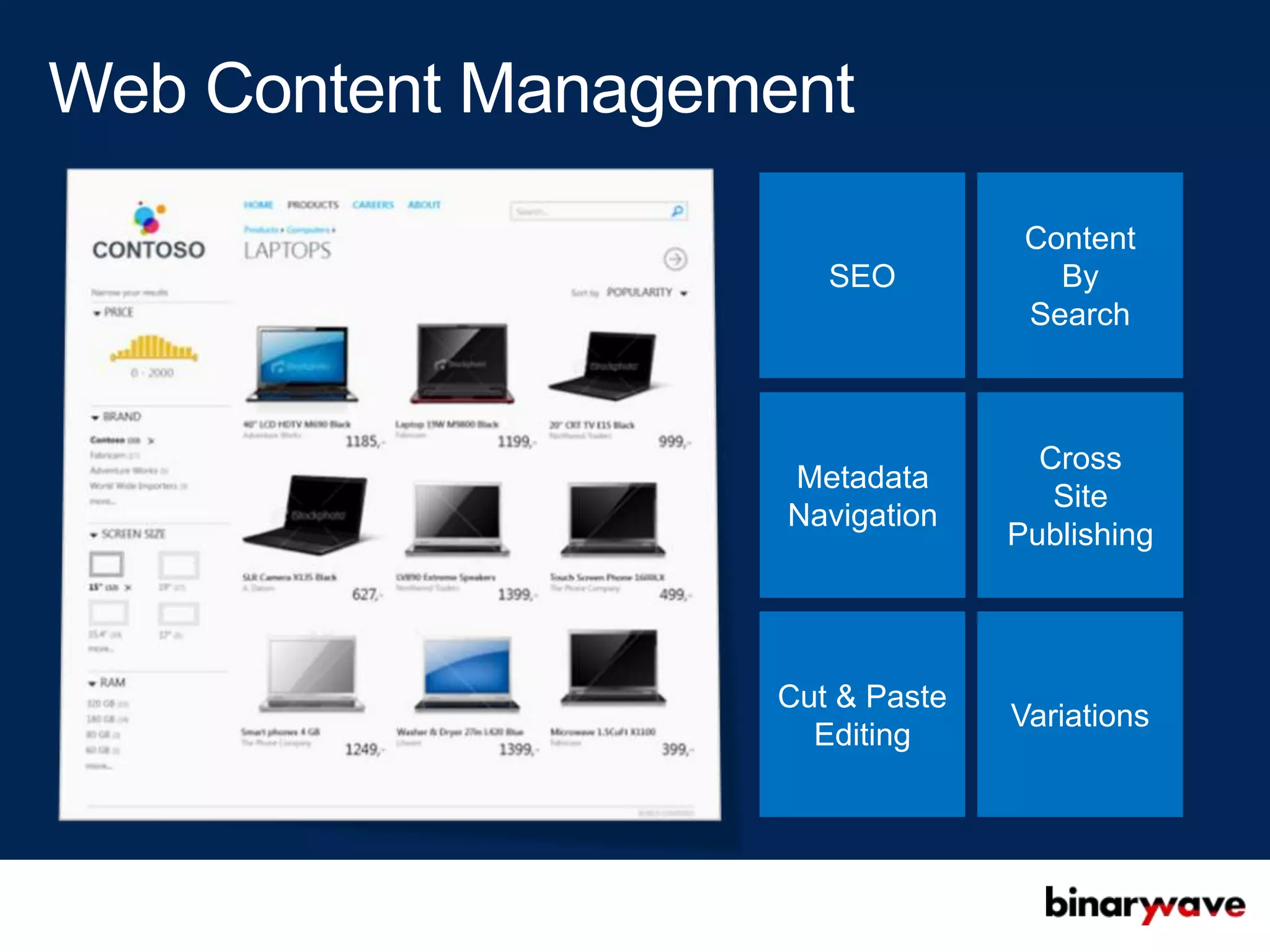 Content
   SEO           By
               Search



                Cross
Metadata
                 Site
Navigation
              Publishing




Cut & Paste
              Variations
  Editing
 
