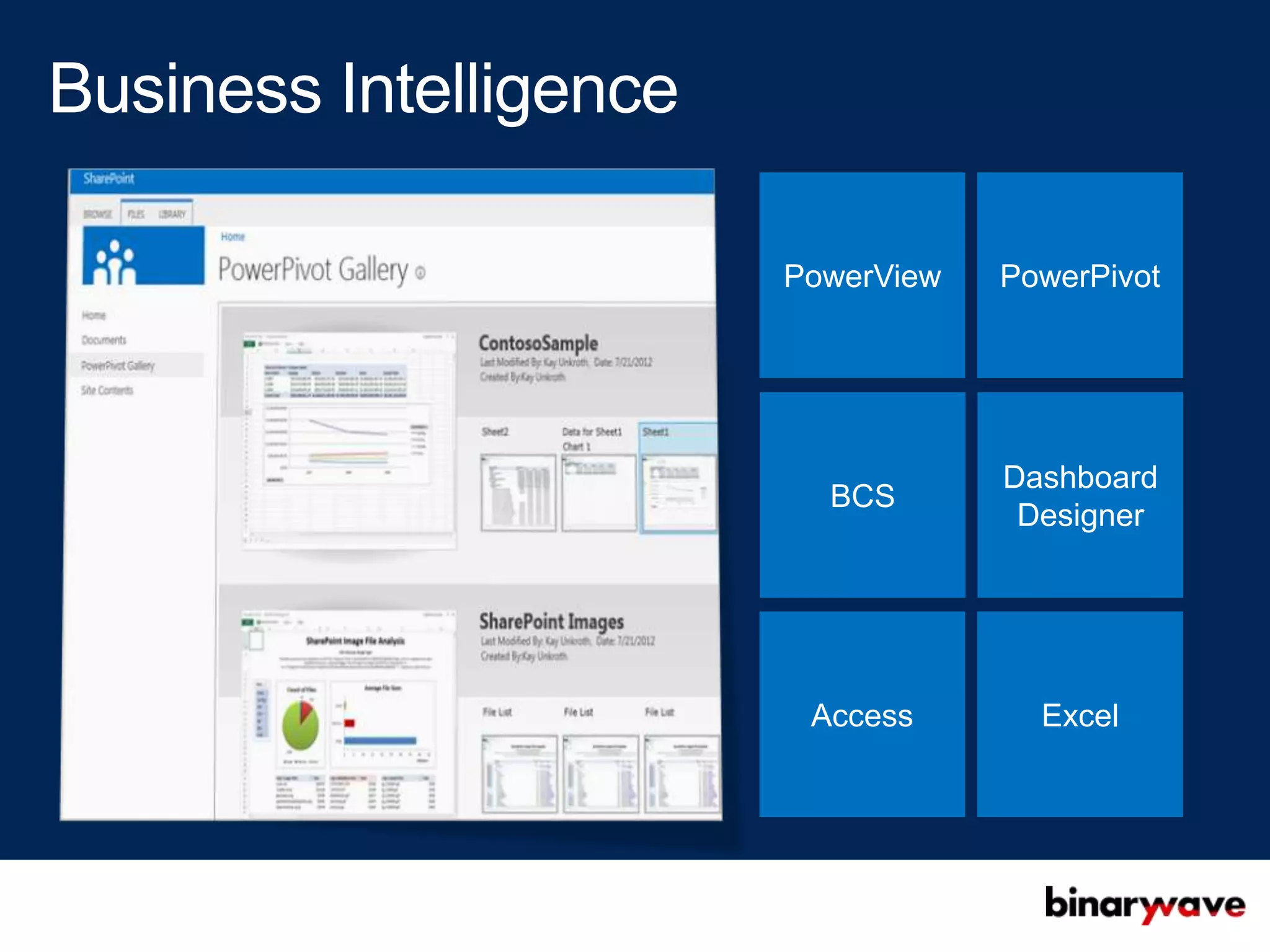 PowerView   PowerPivot




            Dashboard
  BCS
             Designer




 Access       Excel
 