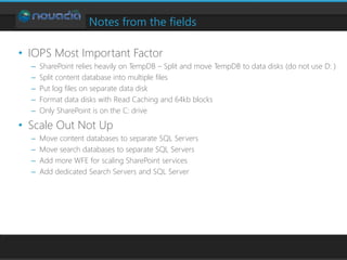 Notes from the fields
• IOPS Most Important Factor
– SharePoint relies heavily on TempDB – Split and move TempDB to data d...