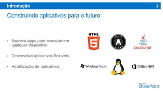 Introdução

•

Escreva apps para executar em
qualquer dispositivo

•

Desenvolva aplicativos flexíveis

•

Reutilização de aplicativos

1

 