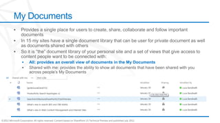 My Documents



                        All: provides an overall view of documents in the My Documents




©2012 Microsoft Corporation. All rights reserved. Content based on SharePoint 15 Technical Preview and published July 2012.
 