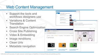 Web Content Management




©2012 Microsoft Corporation. All rights reserved. Content based on SharePoint 15 Technical Preview and published July 2012.
 