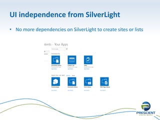 UI independence from SilverLight
• No more dependencies on SilverLight to create sites or lists
 