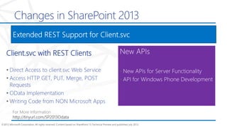 ©2012 Microsoft Corporation. All rights reserved. Content based on SharePoint 15 Technical Preview and published July 2012.
Changes in SharePoint 2013
x
• New APIs for Server Functionality
• API for Windows Phone Development
For More Information
http://tinyurl.com/SP2013Odata
Client.svc with REST Clients
• Direct Access to client.svc Web Service
• Access HTTP GET, PUT, Merge, POST
Requests
• OData Implementation
• Writing Code from NON Microsoft Apps
 