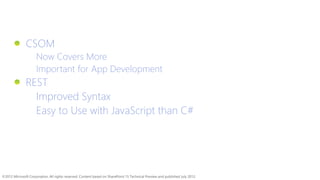 ©2012 Microsoft Corporation. All rights reserved. Content based on SharePoint 15 Technical Preview and published July 2012.
Summary
CSOM
Now Covers More
Important for App Development
REST
Improved Syntax
Easy to Use with JavaScript than C#
 