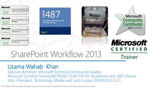 ©2012 Microsoft Corporation. All rights reserved. Content based on SharePoint 15 Technical Preview and published July 2012.
Usama Wahab Khan
Solution Architect ,Microsoft Technical Community Leader,
Microsoft Certified Trained,MCPD,MCTS,MCTIP
. For SharePoint and .NET /Azure
Vice -President, Technology Middle east and Europe (DAVIGOLD LLC)
 