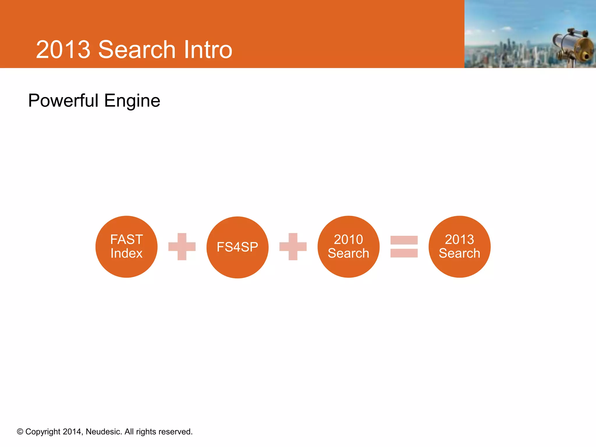 © Copyright 2014, Neudesic. All rights reserved.
Powerful Engine
2013 Search Intro
FAST
Index FS4SP
2010
Search
2013
Search
 