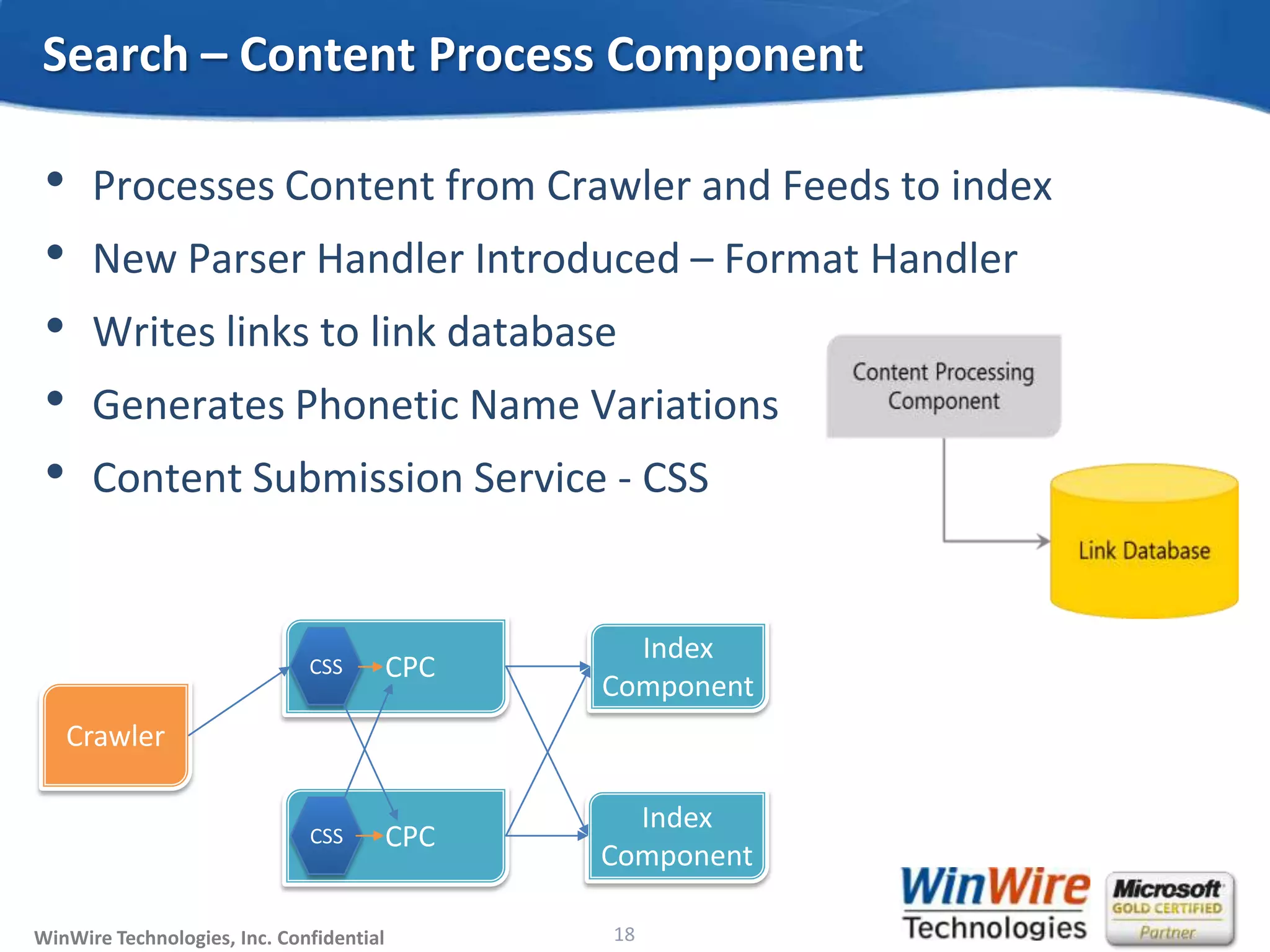 © 2010 WinWire TechnologiesWinWire Technologies, Inc. Confidential
• Processes Content from Crawler and Feeds to index
• New Parser Handler Introduced – Format Handler
• Writes links to link database
• Generates Phonetic Name Variations
• Content Submission Service - CSS
Search – Content Process Component
18
 