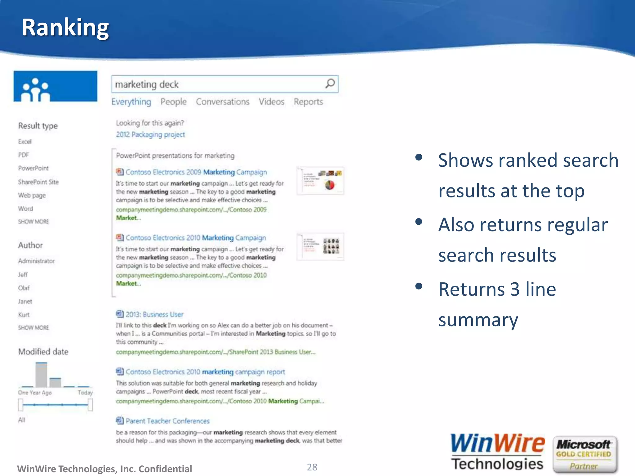 © 2010 WinWire TechnologiesWinWire Technologies, Inc. Confidential
Ranking
• Shows ranked search
results at the top
• Also returns regular
search results
• Returns 3 line
summary
28
 