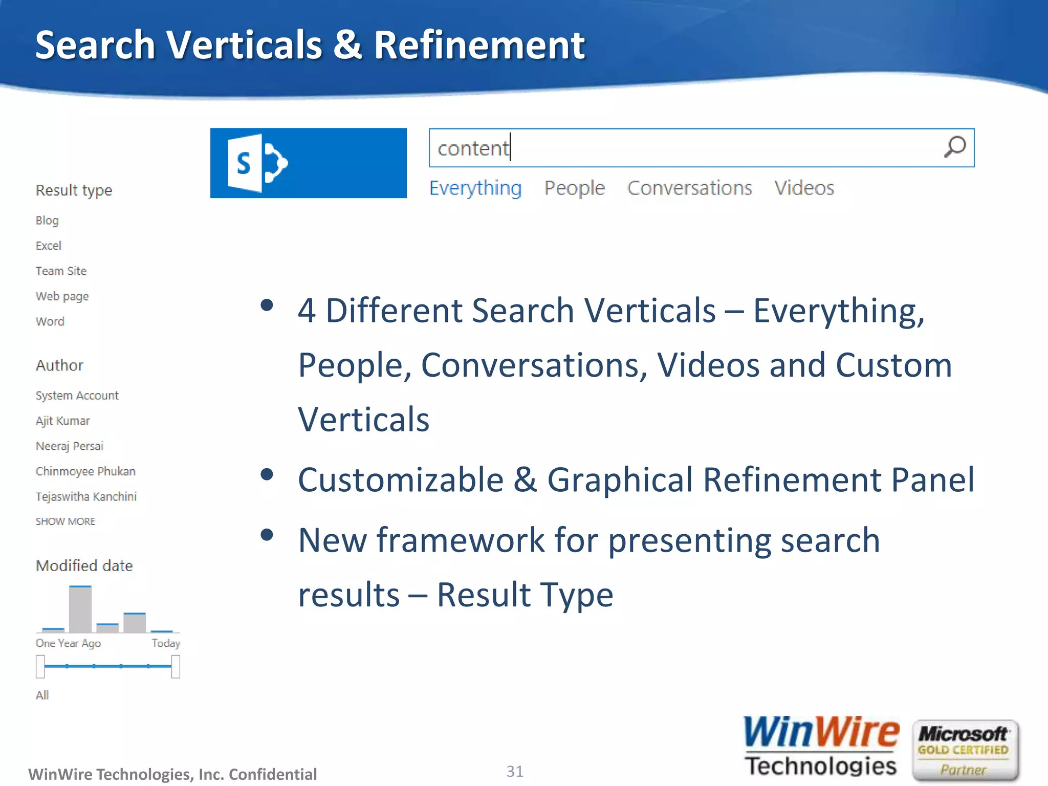 © 2010 WinWire TechnologiesWinWire Technologies, Inc. Confidential
• 4 Different Search Verticals – Everything,
People, Conversations, Videos and Custom
Verticals
• Customizable & Graphical Refinement Panel
• New framework for presenting search
results – Result Type
Search Verticals & Refinement
31
 