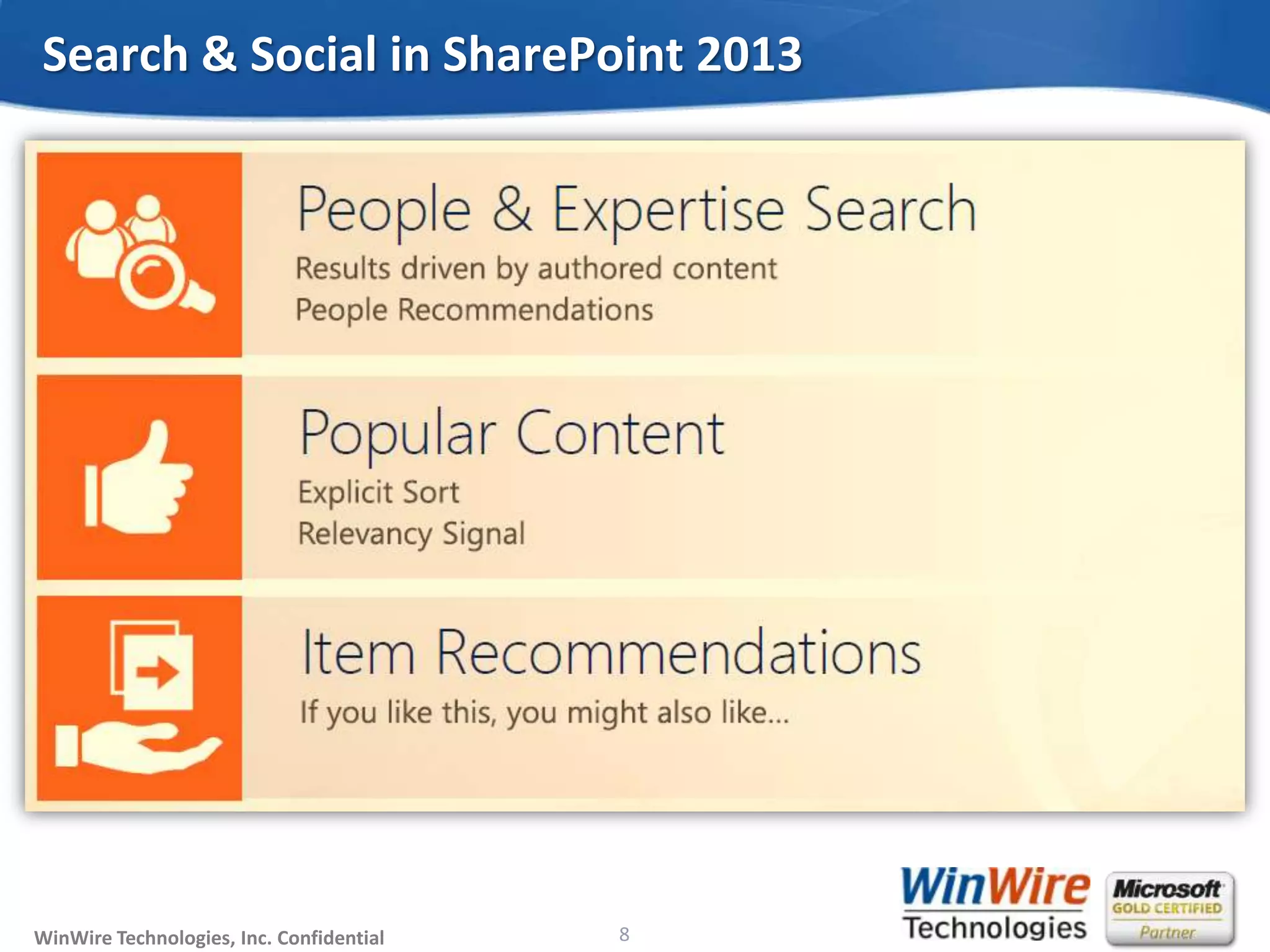 © 2010 WinWire TechnologiesWinWire Technologies, Inc. Confidential
Search & Social in SharePoint 2013
8
 