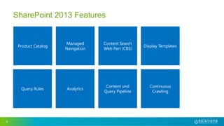 8
SharePoint 2013 Features
Continuous
Crawling
Analytics
Product Catalog
Content und
Query Pipeline
Content Search
Web Part (CBS)
Display Templates
Query Rules
Managed
Navigation
 