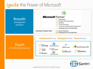 Ignite



                                                  Silver Management & Virtualization

              Coming in October 2012              Gold Server Platform
                                                  Gold Management & Virtualization



                     Professional Service Managed Services Cloud Services




         Copyright 2012 © Sentri, Inc. All rights reserved.
 
